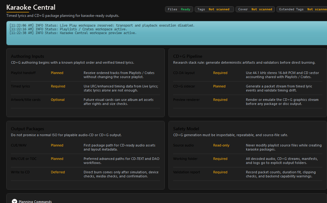 Karaoke preparation workspace showing playlist context, lyric readiness, and singer-rotation planning.