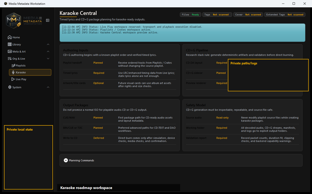 Karaoke preparation workspace showing playlist context, lyric readiness, and singer-rotation planning.