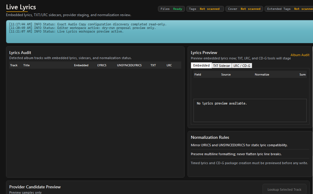 Lyrics workspace showing embedded text and companion-file readiness for the selected album.