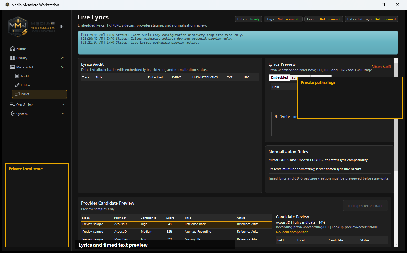 Lyrics workspace showing embedded text and companion-file readiness for the selected album.