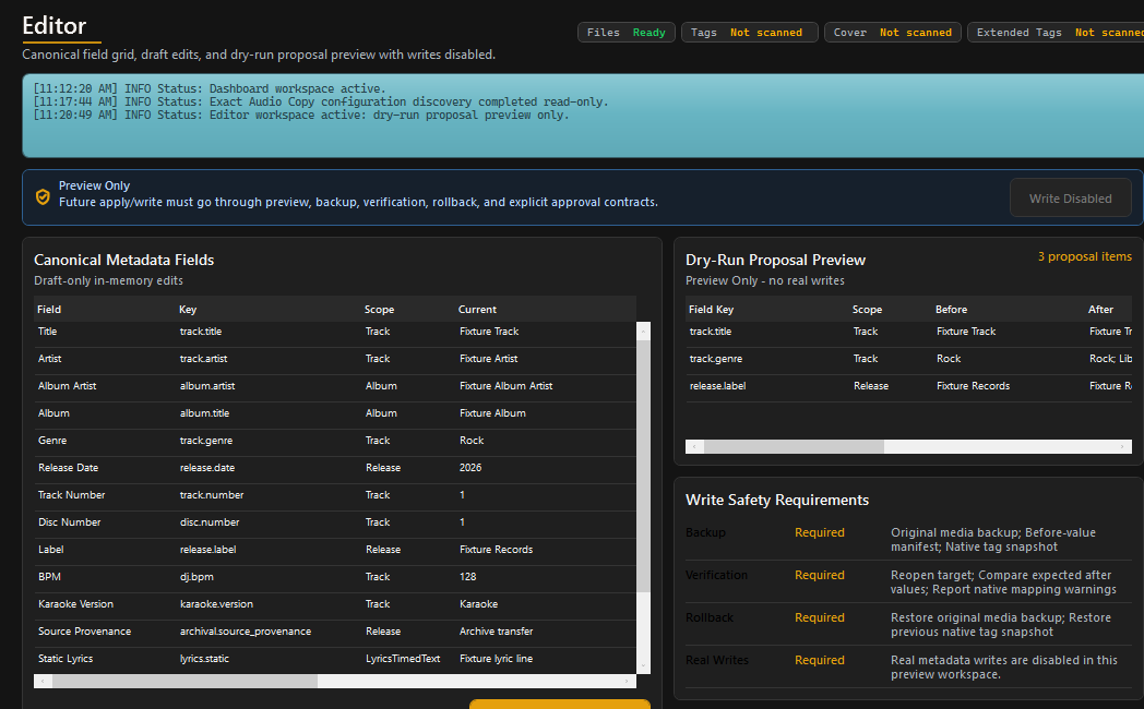 Metadata and Artwork editor showing album tags, identifiers, artwork, and compatibility context.