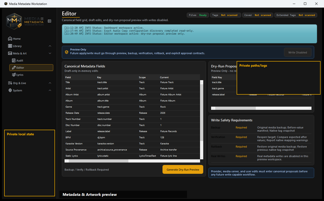 Metadata and Artwork editor showing album tags, identifiers, artwork, and compatibility context.
