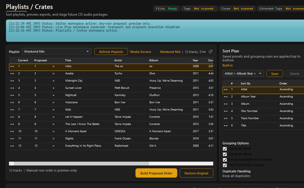 Playlists and Crates showing track order, missing items, duplicates, duration, findings, and destination readiness.