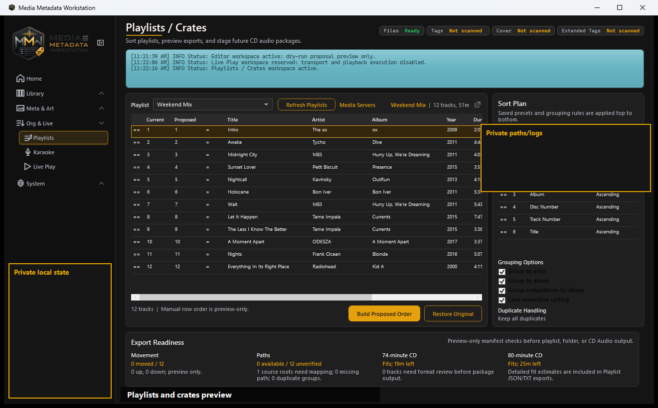 Playlists and Crates showing track order, missing items, duplicates, duration, findings, and destination readiness.
