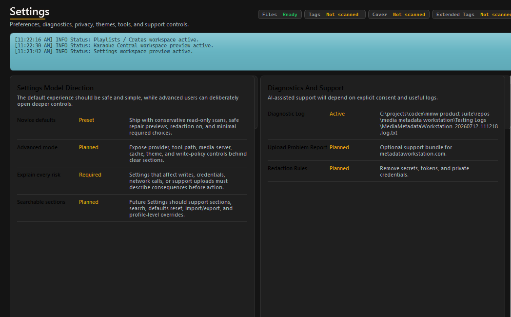 MMW Settings workspace showing application preferences and integration configuration.