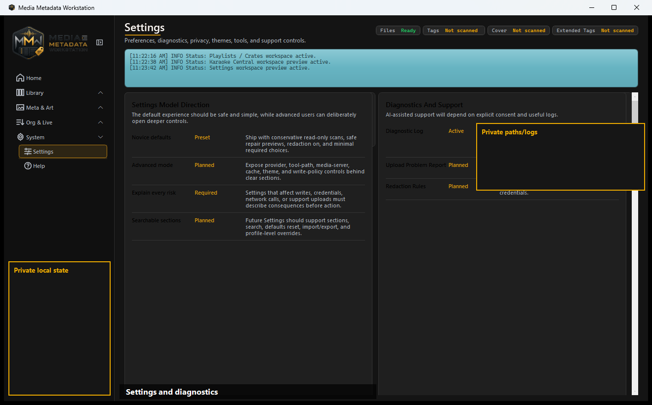 MMW Settings workspace showing application preferences and integration configuration.